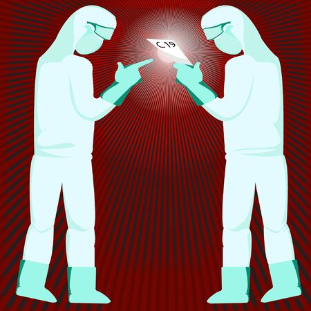 Illustration of Medics working with complete anti-virus personal protective equipment, Stock Vector.のイラスト素材