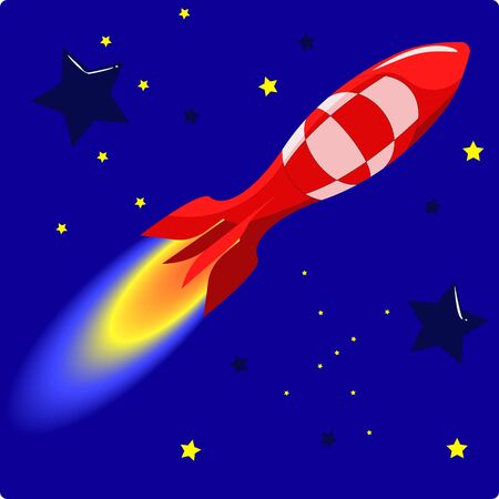Illustrations of Red Rocket with Stars, Stock Vector Icon. Dark Background.のイラスト素材