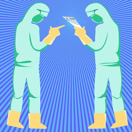 Illustration of Medics working with complete anti-virus personal protective equipment, Stock Vector.のイラスト素材