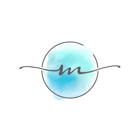 handwriting letter M logo with blue watercolor design template. vector illustration.のイラスト素材