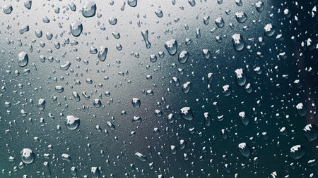raindrops on a car windshield, blurring the view of the road ahead. This image captures the feeling of driving in the rain, with a focus on the wet glass and the distorted sceneryの写真素材