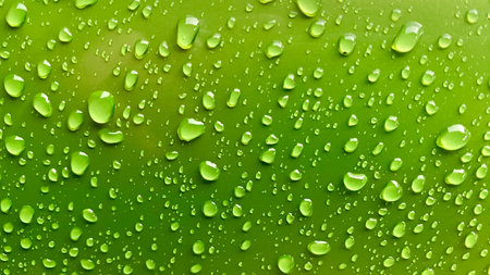 glistening water droplets clinging to a vibrant green surface. beauty of nature and the refreshing of a dewy morning. The light reflects on the translucent droplets, sparkling andの写真素材