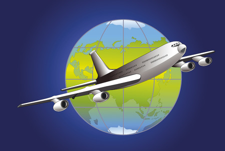 Illustration passenger aircraft flying over the globe on a blue backgroundのイラスト素材