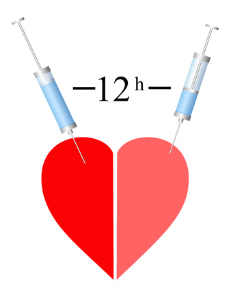 Two syringes twelve hours and heart on a white backgroundのイラスト素材
