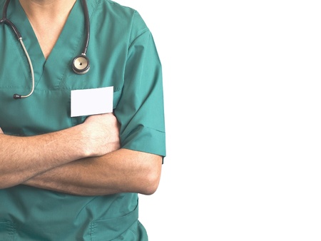 Closeup of men doctor with stethoscope isolated on whiteの写真素材