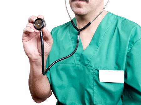 Close up of doctor's hand with phonendoscope isolated on white backgroundの写真素材