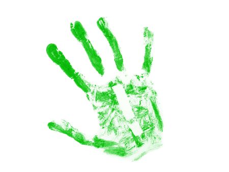 Green hand print with white exclamation mark insideの写真素材