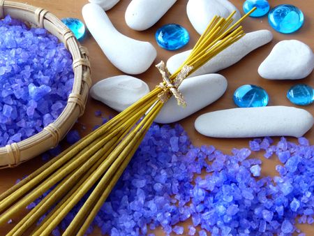 Zen stones, aroma sticks and herbal salt. Shallow DOF.の写真素材