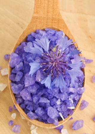 Wooden spoon with herbal salt. Shallow dof.の写真素材