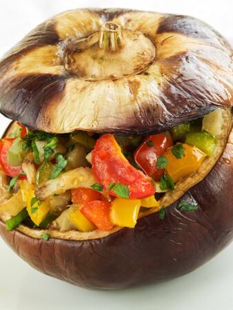 Plate with baked stuffed eggplants. Shallow dof.の写真素材