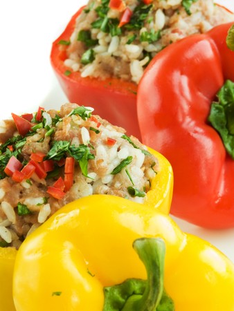 Plate with baked stuffed peppers. Shallow dof.の写真素材