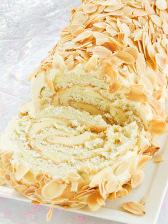 Homemade christmas white yule log. Shallow dof.の写真素材