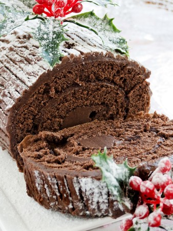 Homemade christmas chocolate yule log. Shallow dof.の写真素材