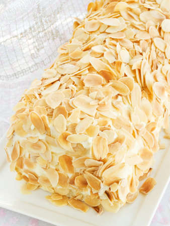 Homemade christmas white yule log. Shallow dof.の写真素材