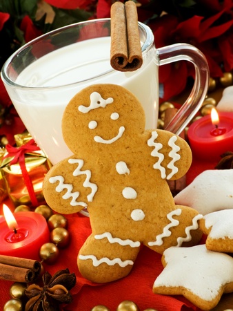 Spiced milk and homemade gingerbread cookies for Santa. Shallow dof.の写真素材