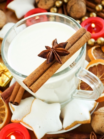 Spiced milk and homemade gingerbread cookies for Santa. Shallow dof.の写真素材