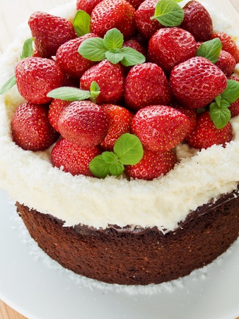 Homemade chocolate cake with strawberry, cream and mint. Shallow dof.の写真素材