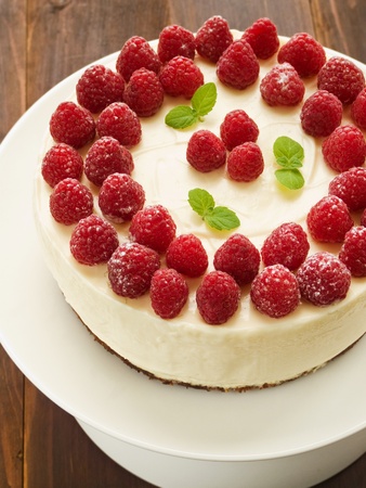 Sour cream cheesecake with raspberries. Viewed from above.の写真素材