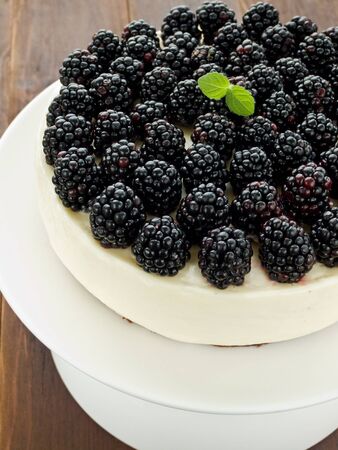 Sour cream cheesecake with blackberries. Viewed from above.の写真素材