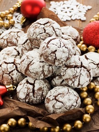Chocolate snow cap cookies for Christmas. Shallow dof.の写真素材