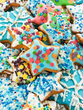 Homemade gingerbread cookies with colored icing. Shallow dof.の写真素材