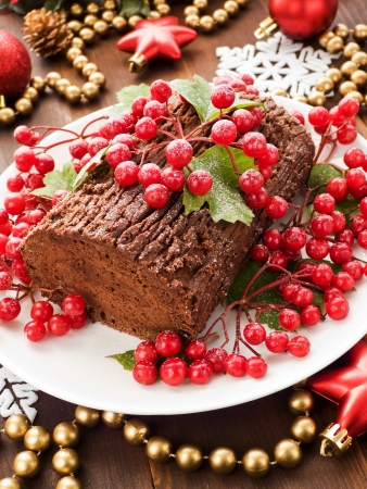 Homemade christmas chocolate yule log with wild berries. Shallow dof.の写真素材