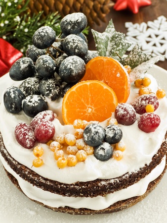 Christmas fruitcake with whipped cream and fruits. Shallow dof.の写真素材