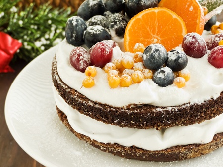 Christmas fruitcake with whipped cream and fruits. Shallow dof.の写真素材