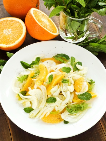 Fresh salad with fennel, orange and mint. Shallow dof.の写真素材