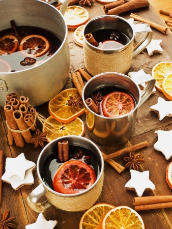 Traditional mulled wine with spices and fruits. Shallow dof.の写真素材