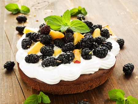 Chocolate cake with whipped cream, peach and mulberry . Shallow dof.の写真素材