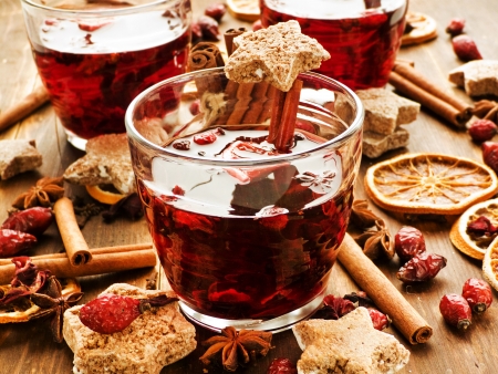Glasses with hibiscus tea, spices and berries  Shallow dof の写真素材