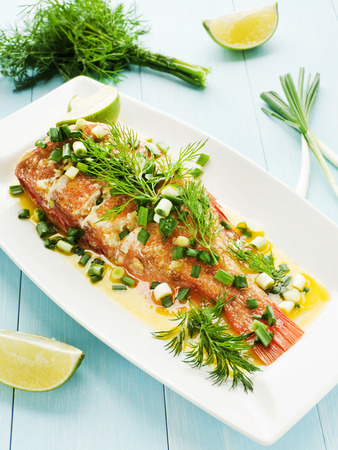 Steamed sea bass with fennel and leek in olive and linseed oil. 