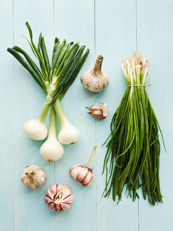 Garlic, and different finds of onion  Viewed from above の写真素材