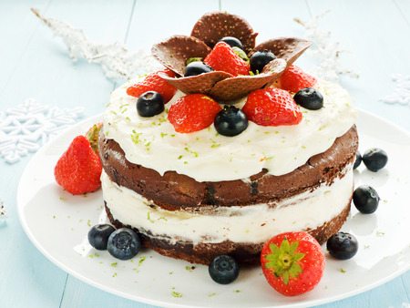 Christmas fruitcake with whipped cream and fruits. Shallow dof.