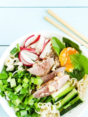 Big bowl with homemade ramen. Shallow dof.の写真素材