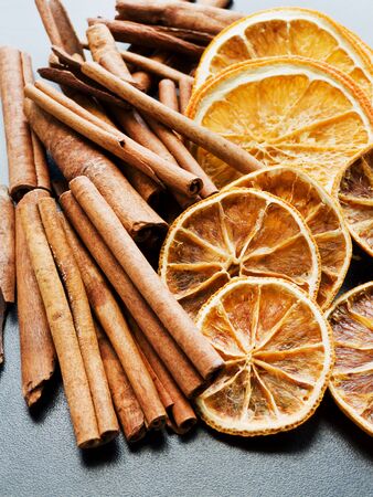 Different kinds of christmas spices on the black. Shallow dof.の写真素材