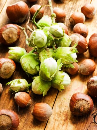 Wild hazelnuts on wooden background. Shallow dof.の写真素材