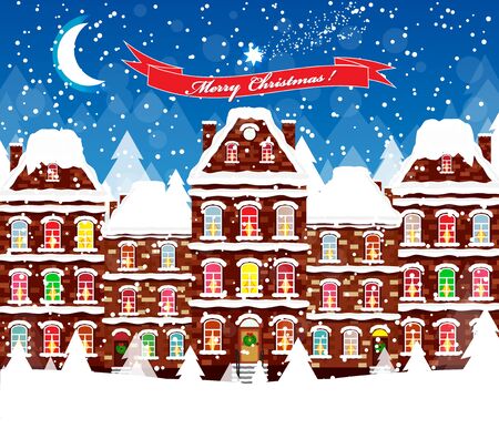 Christmas city street with houses and trees.のイラスト素材