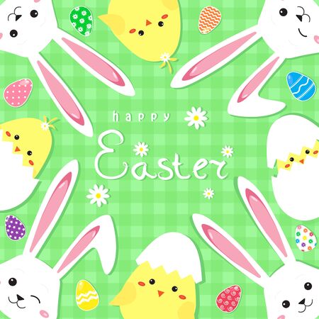Happy Easter greeting card with chickens, bunnies and eggs.のイラスト素材