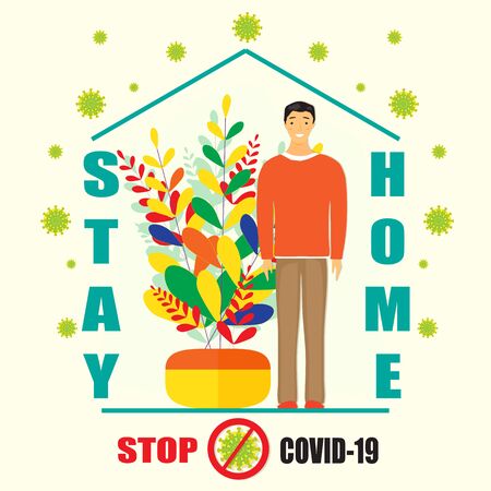 Coronavirus self quarantine vector concept. A man standing inside building. Covid-19 virus outside the house. Message stay at home. Stop from spreading virus.のイラスト素材