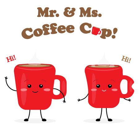 Mister and Missis Coffee Cup cute characters vector illustrationのイラスト素材