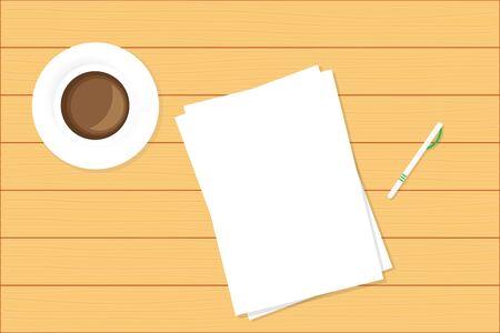 Cup of coffee and paper sheets on the table with empty space for text. Vector background.のイラスト素材