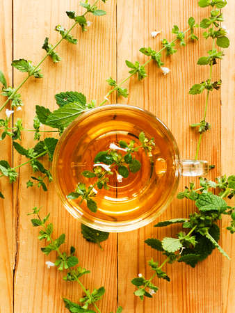 Cup of melissa tea on white wooden background.Shallow dof.の写真素材