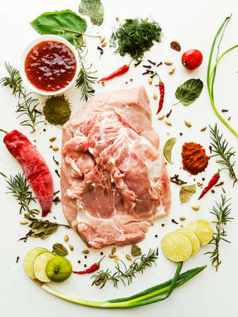 A piece of fresh pork meat with spices and herbs on white wooden background. Shallow dof.の写真素材