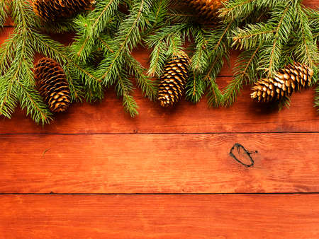 Christmas background pine tree branches on wood. Shallow dof.の写真素材