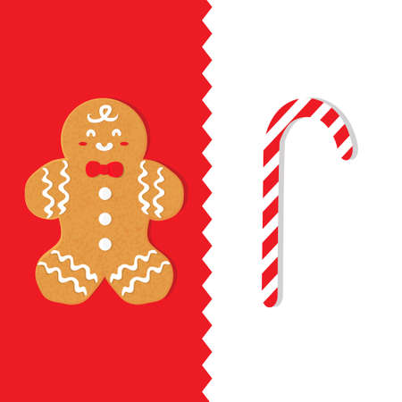 Merry Christmas card red vector background illustration with gingerbread man cookie and candy cane.のイラスト素材