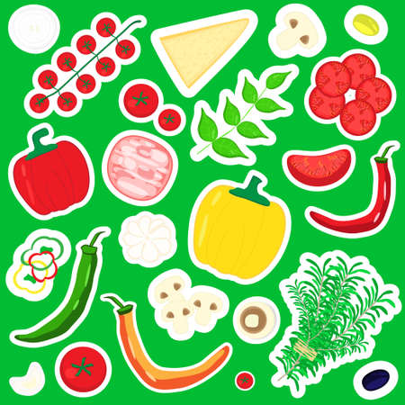 Cute food stickers ingredients, vegetables, cheese, meat vector illustration setのイラスト素材