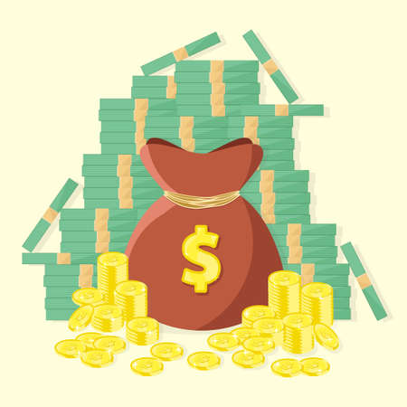 Money bag with golden coins stacks and paper bills vector illustrationのイラスト素材