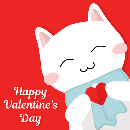 Cute white cat with red heart Happy Valentine's Day card vector illustrationのイラスト素材
